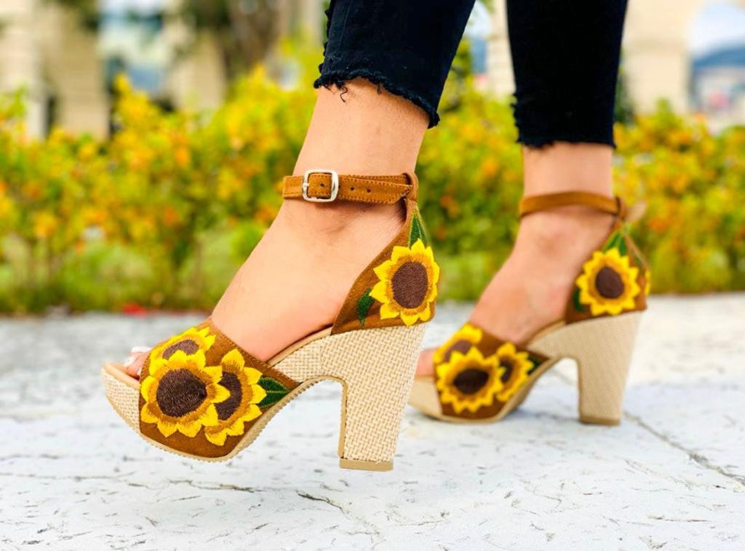 High Wedge Platforms With Sunflower Embroidery 10cm Heel Etsy