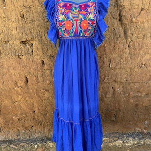 Tenango embroidered long handmade dress. Traditional Mexican dress with colorful embroidery. Bohemian style dress 5 de Mayo, bridesmaid