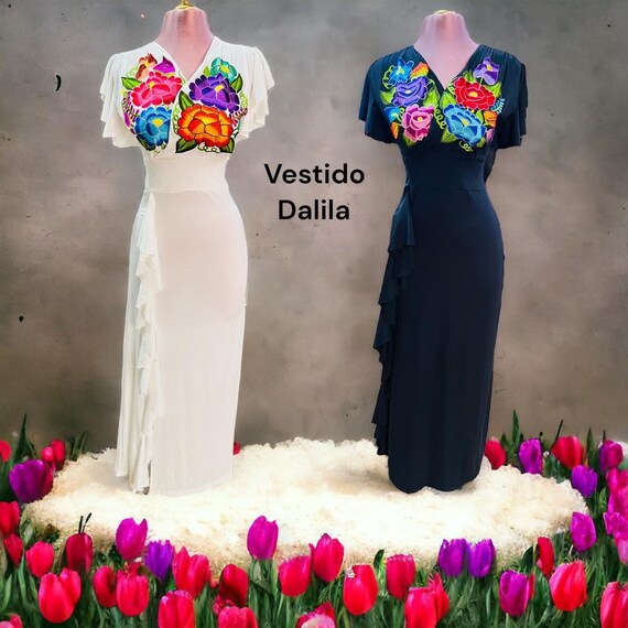 Long Gala Floral Mexican Dress. Embroidered Floral Dress. Boho