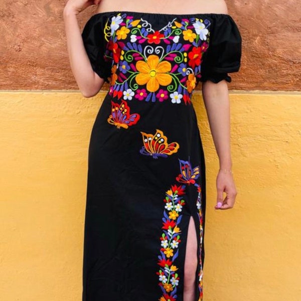 Traditional Mexican Long Butterfly Dress.Floral Dress. Handmade Mexican Dress. Typical Mexican Dress. Bridesmaid. latin style