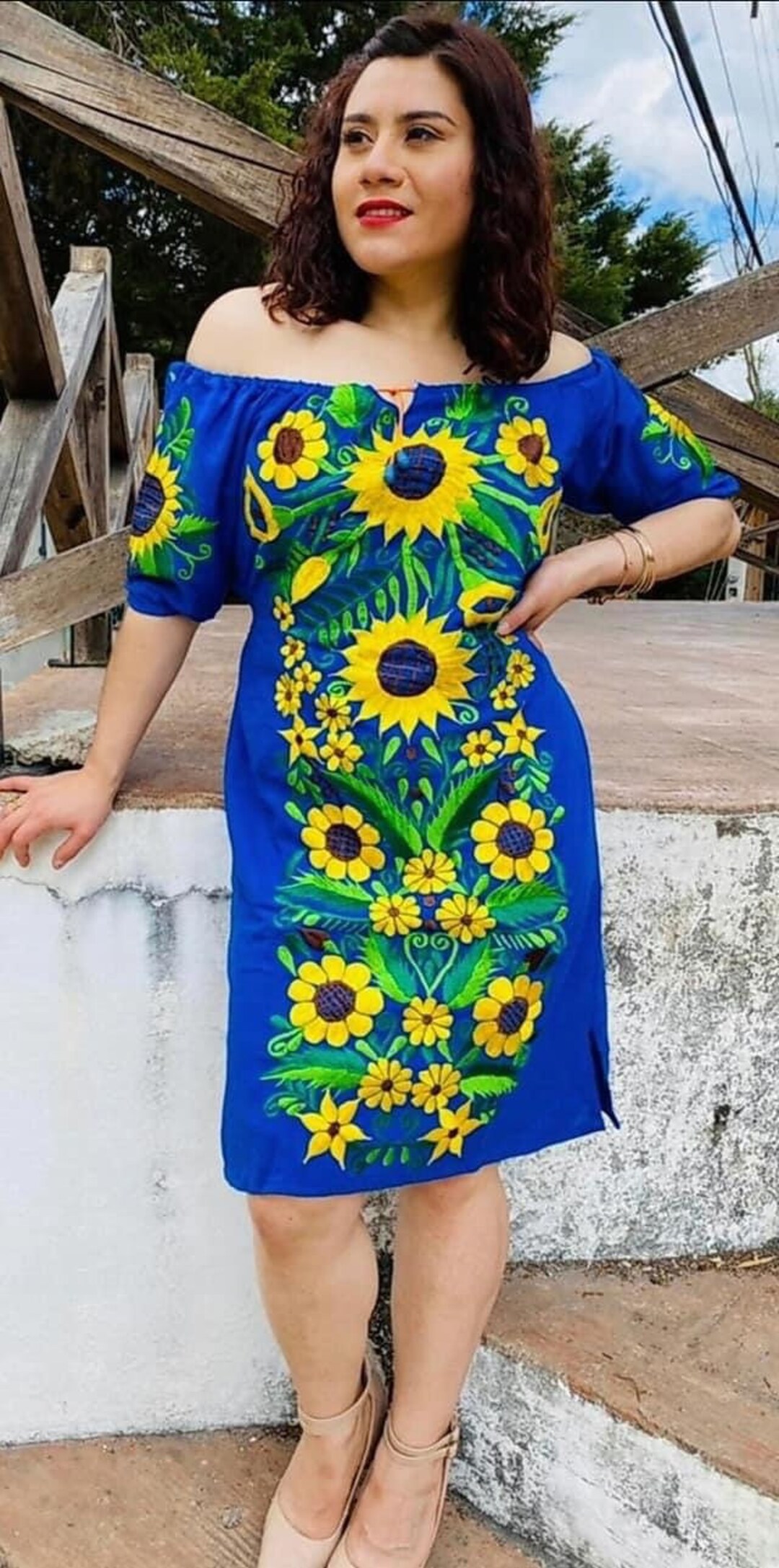 Shoulderless Sunflower Mexican Dress Mexican Floral Dress Etsy