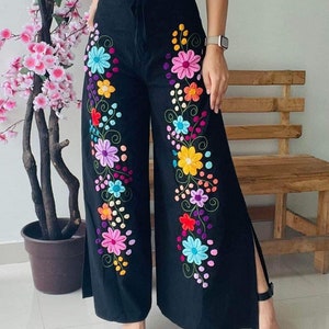 Wide Leg Wrap Around Cotton Pants/ Overlapping Waist Mexican Skirt Pants Embroidered Length