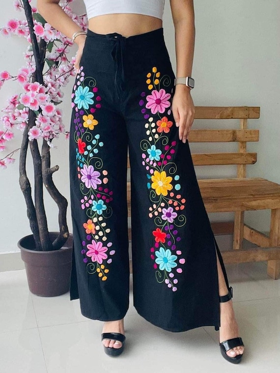 Wide Leg Wrap Around Cotton Pants/ Overlapping Waist Mexican Skirt Pants  Embroidered Length 
