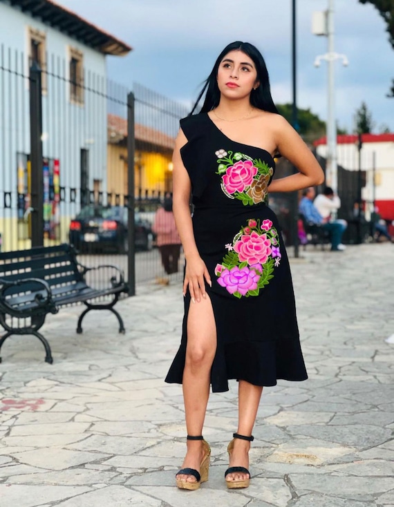 Traditional Mexican Handmade Tania Dress With Floral Embroidery