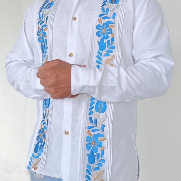 Beautiful Double Floral Embroidered Linen Oxford Guayabera. Mexican Artisan Shirt. Mexican Fiesta Gentleman Outfit. Typical Mexican Shirt