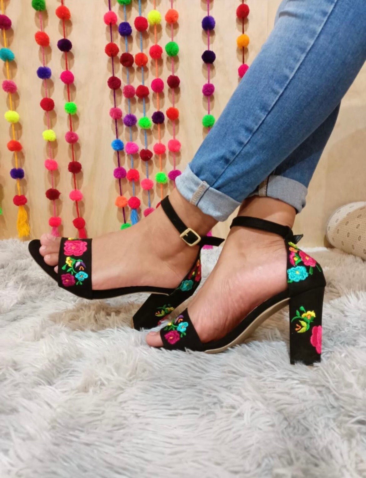 White embroidered heels sale