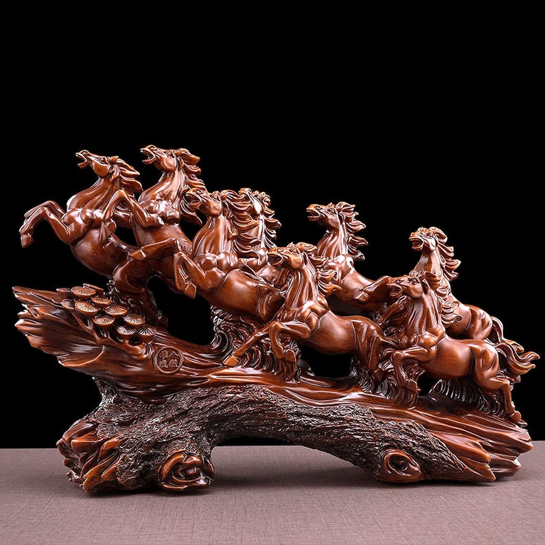 8 Horse Sculpture Resin Imitation Wood Horse Statue, for Home Decor Housewarming Gift 13x4x8inch image 2