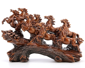 8 Horse Sculpture Resin Imitation Wood Horse Statue, for Home Decor Housewarming Gift (13x4x8inch)