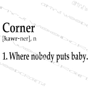 May include: A white background with the word "Corner" in a bold black font, followed by its pronunciation. Below, the text reads "1. Where nobody puts baby." The image has a watermark of "AMY'S WOODCRAFTS" in a light gray font.
