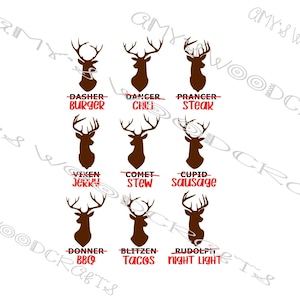 Puede incluir: Nueve siluetas de renos marrones con texto rojo debajo de cada uno. El texto dice: Dasher - Burger, Dancer - Chili, Prancer - Steak, Vixen - Jerky, Comet - Stew, Cupid - Sausage, Donner - BBQ, Blitzen - Tacos, Rudolph - Night Light.