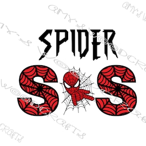May include: A graphic design featuring the word "SPIDER" in black, stylized letters above the letters "S", "S", and "S". The "S" letters are red with black spiderweb designs. A red Spider-Man character is in the center.