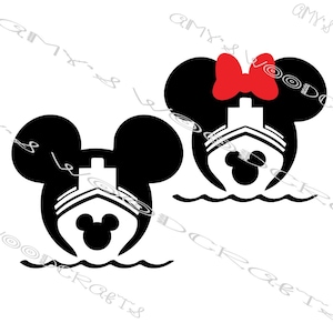May include: Black and white graphic of Mickey and Minnie Mouse heads, each incorporating a cruise ship design. Minnie's head features a red bow. The design includes water waves at the bottom, suggesting a nautical theme.