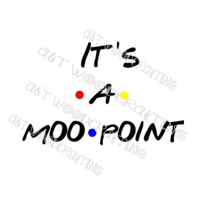 May include: Black and white text graphic that reads "It's a moo point" with red, yellow, and blue dots.