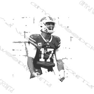 Puede incluir: Ilustración en blanco y negro de un jugador de fútbol americano con casco y camiseta con el número 17. El jugador está en posición de juego. La imagen tiene un efecto de escala de grises.