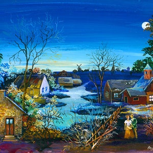Only You by Ludmila Bognycheva.  Night Romantic Scene. Village. Full Moon. Print on Archival Watercolor.