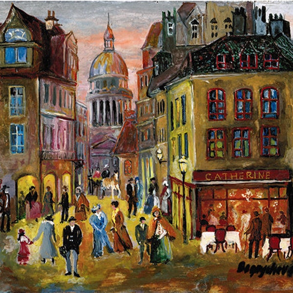 Parisian Night. Watercolor. Archival Print. Sacre Coeur Basilica. Catherine Restaurant. Sidewalk Cafe. France