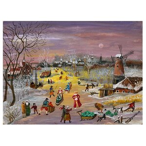 Evening on a frozen River.  Wind Mill. Watercolor Painting.  Winter. Snow. Christmas Gift. Print on Museum Quality Archival Watercolor Paper