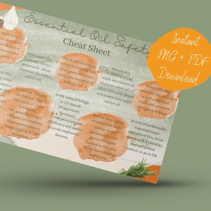 May include: A watercolor-style cheat sheet with safety tips for using essential oils. The sheet includes information on patch testing, diluting oils, avoiding use on children, and what to do in case of accidental ingestion. The text "Instant MG + PDF Download" is in a yellow circle on the top right corner of the sheet.