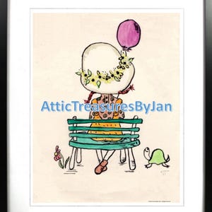 Vintage Wall Art for Children, Little Girl on Bench with Balloon, Print of 1967 Watercolor, Multiple Sizes, Vintage Wall Decor