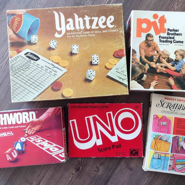 Vintage Games (4), 1970s - 1980s, Yahtzee, Pit, Catchword, Pocket Scrabble + Bonus UNO Game Score Pad.  Gifts for Kids, Family.