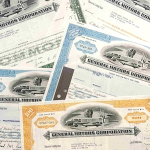 Vintage GM Stock Certificates (5): Automotive Wall Decor