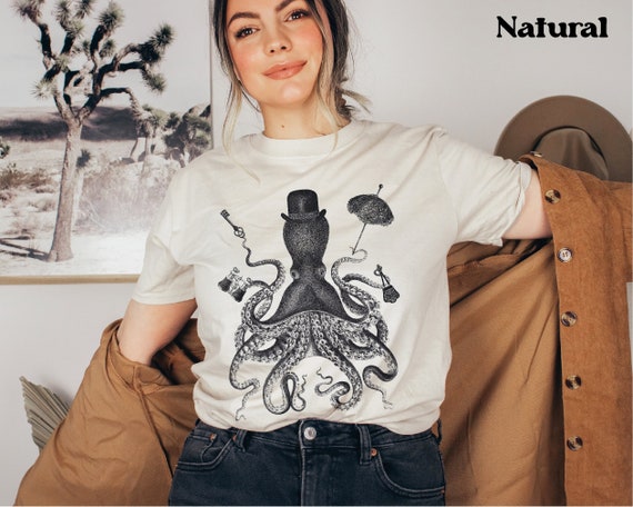 Steampunk Octopus TShirt, Nautical Victorian Quirky Vintage Steampunk Collage Tee, Octopus Art, Marine Biology Cephalopod Shirt,