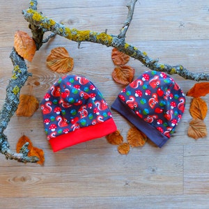 43 - 45 cm et 46 - 48 cm, bonnet enfant, bonnet, écureuil, marron clair/rouge/gris, garçons, filles, jersey