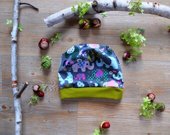 49 - 51 cm, kindermuts, muts, olifanten, grijs/groen/roze, meisjes, jersey