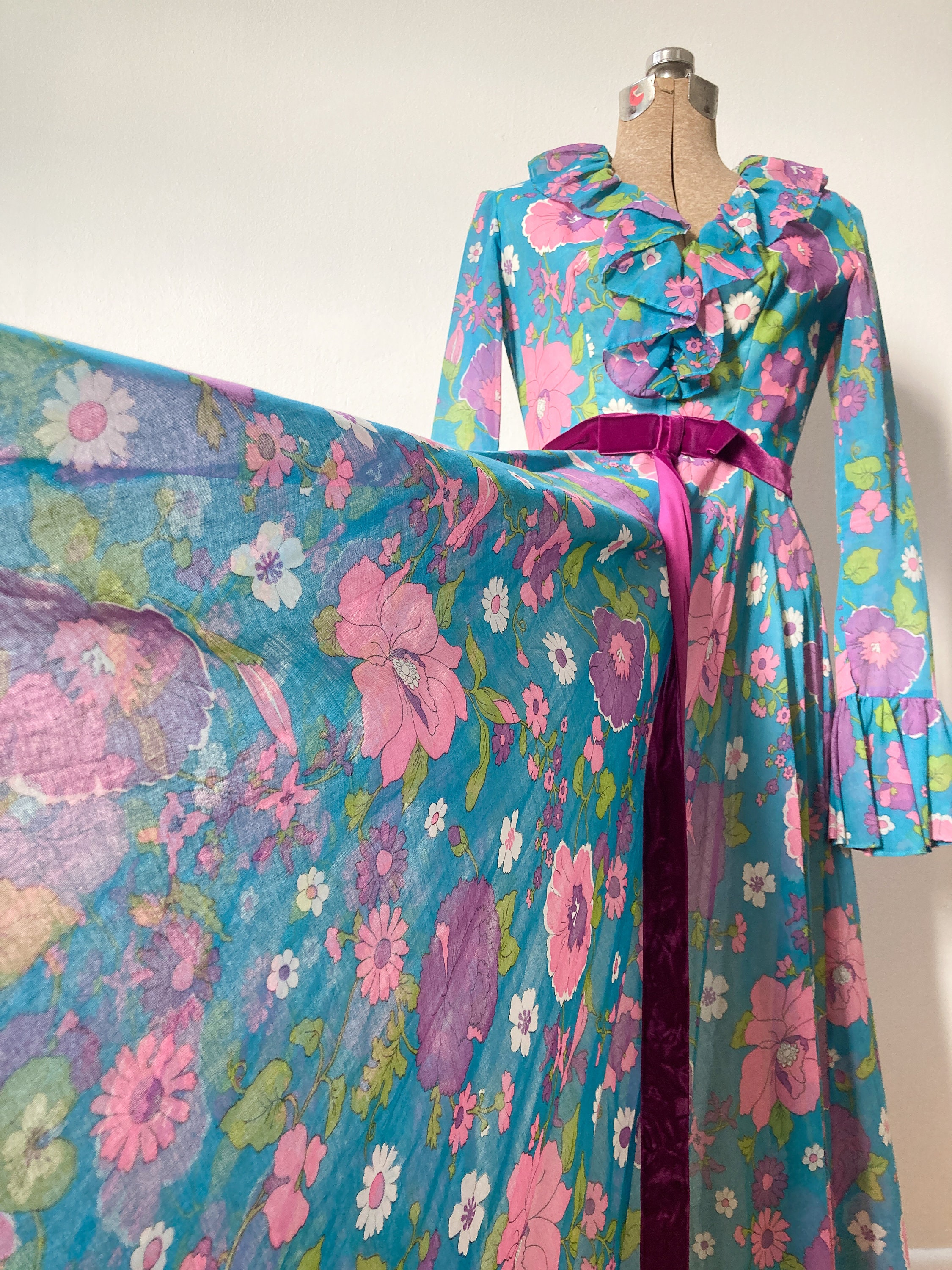 1970s Silk Chiffon & Floral Wrap Dress