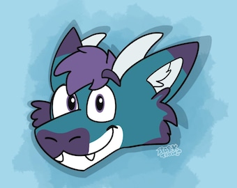 May include: A digital illustration of a teal and purple anthropomorphic creature head with large eyes, a wide smile showing two small white teeth, and two white horns. The character has purple hair and ears, set against a light blue background.