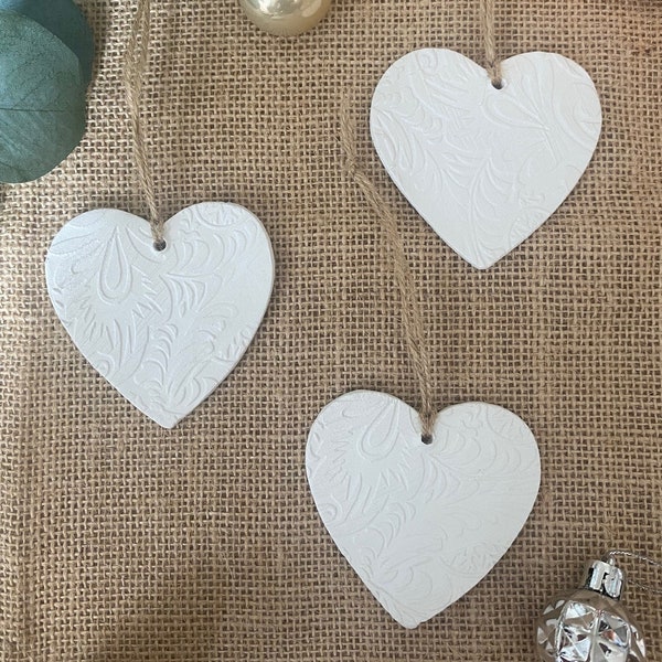 Set of 3 Embossed White Heart Clay Decorations | Textured Christmas Ornament | Christmas Gift Wrapping Present