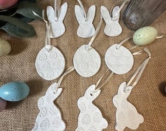 Set of 3 - Clay Easter Bunnies and Eggs Tree White Rustic Bunny Ornament Home Decorations Gift