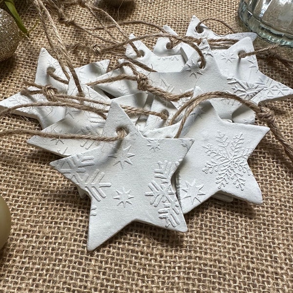 Set of 10 - Embossed Snowflake White Clay Decoration | Textured Christmas Ornament | Christmas Gift Wrapping Present