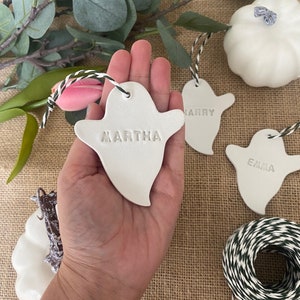 3 Personalised HALLOWEEN decorations, clay keepsake, clay ghost, hanging decorations, halloween party favour image 2