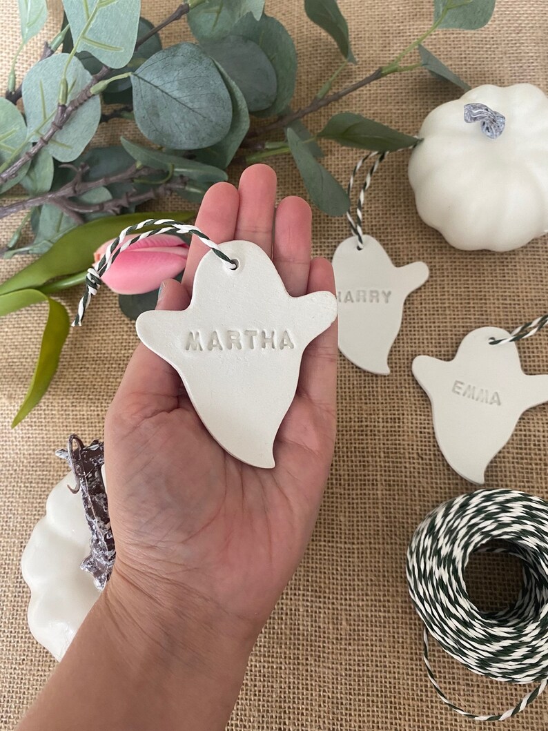 3 Personalised HALLOWEEN decorations, clay keepsake, clay ghost, hanging decorations, halloween party favour image 2