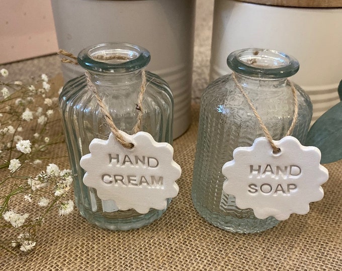 Featured listing image: Clay Bathroom Tags, Scolloped Edge Tag, Hand Soap Label, Hand Cream Label, Bathroom Decoration, Home Decor