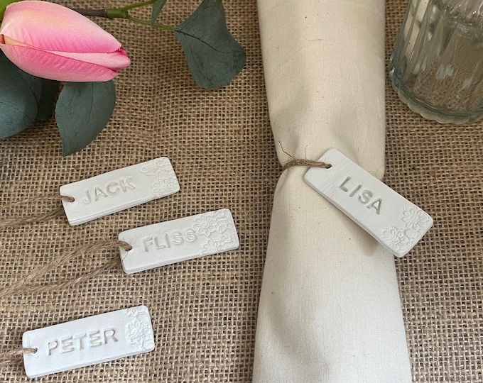 Featured listing image: Personalised Keepsake | Clay Place Names | Wedding Favour Name Tags| Clay Gift Tag | Patterned Clay Tag | Clay Wedding Place Setting Favour