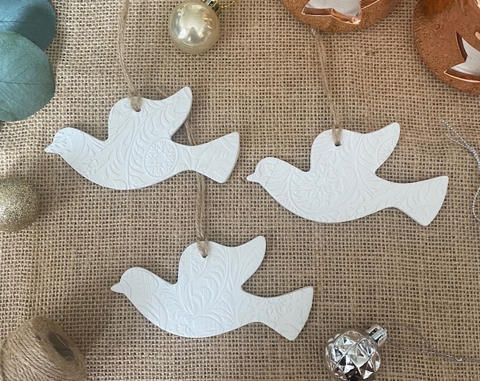 Featured listing image: Set of 3-Embossed White Dove Clay Decoration | Christmas Ornament | Christmas Gift Wrapping Present |Christmas Tree Decoration | Scandi Decs