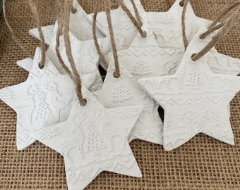 Set of 10 - Embossed White Clay Decoration | Textured Christmas Ornament | Christmas Gift Wrapping Present