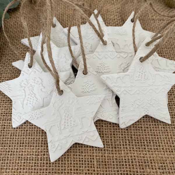 Set of 10 - Embossed White Clay Decoration | Textured Christmas Ornament | Christmas Gift Wrapping Present