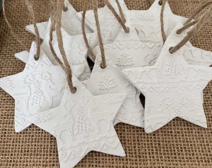 Featured listing image: Set of 10 - Embossed White Clay Decoration | Textured Christmas Ornament | Christmas Gift Wrapping Present
