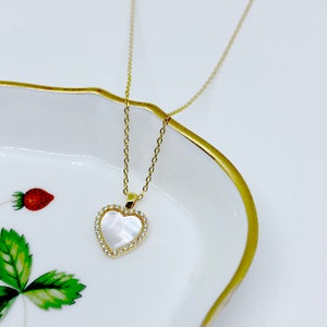 18k Gold Dipped Heart Necklace with Zirconia, and Mother of Pearl. Dainty Minimalist Necklace image 2