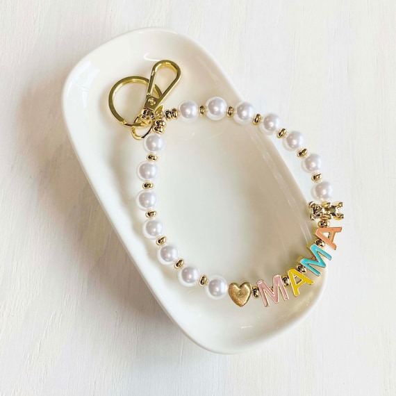 Pearl Keychain Bracelet Enamel "mama" Bracelet Keychain With Faux Pearls, Gift For Mom