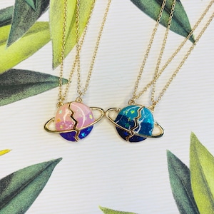 Enamel Split Planet Best Friends Necklace, Set of Two Couple necklace