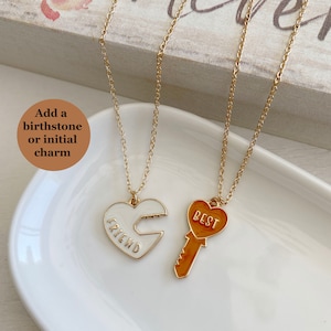 Set of Two Enamel Heart & Key Necklace, Best Friend Necklace