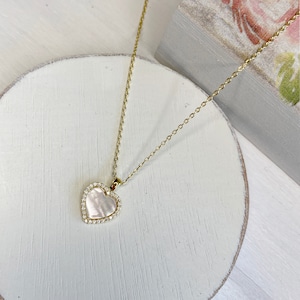 18k Gold Dipped Heart Necklace with Zirconia, and Mother of Pearl. Dainty Minimalist Necklace image 1