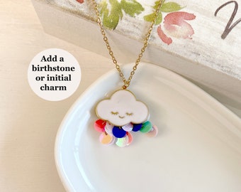 Enamel Cloud Face with Rainbow sequins Charm Necklace. Unique 14" Kid's necklace