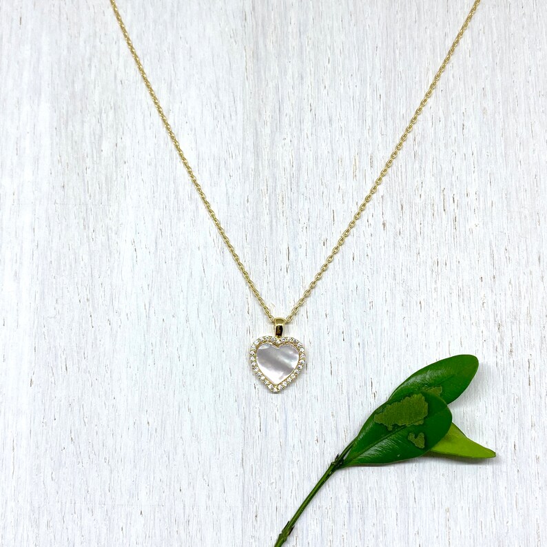 18k Gold Dipped Heart Necklace with Zirconia, and Mother of Pearl. Dainty Minimalist Necklace image 3