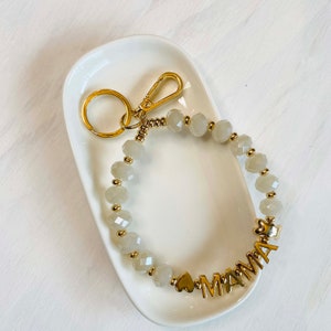 Gold &quot;MAMA&quot; Bracelet Keychain with Ivory Glass Beads, Gift for Mom