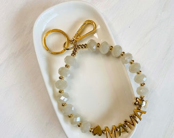 Pulsera llavero "MAMÁ" dorada con cuentas de cristal color marfil, regalo para mamá